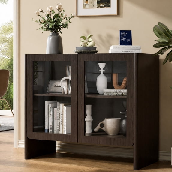 TopComfy 35" Sideboard Buffet Cabinet with 2 Glass Doors, Coffee Bar Storage Cabinet with Adjustable Shelves, Curved Edge MDF Display Cabinet for Kitchen Dining Room, Dark Walnut