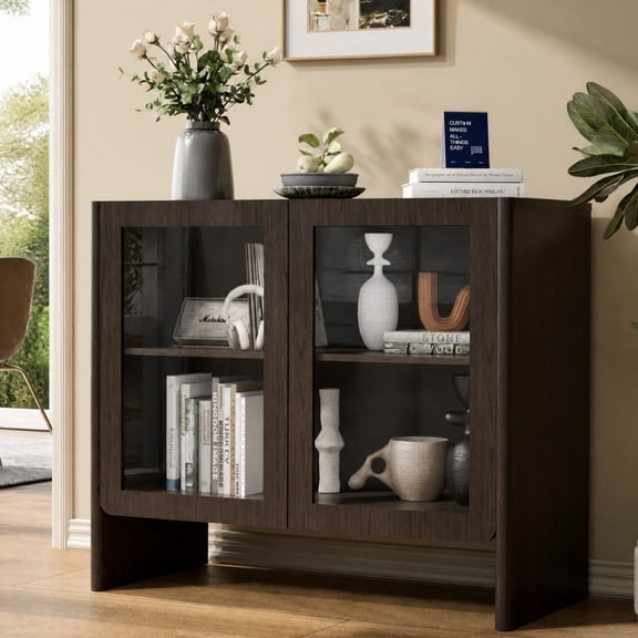 TopComfy 35" Sideboard Buffet Cabinet with 4 Glass Doors, Coffee Bar Storage Cabinet with Adjustable Shelves Curved Edge MDF Display Cabinet for Kitchen Dining Room, Dark Walnut