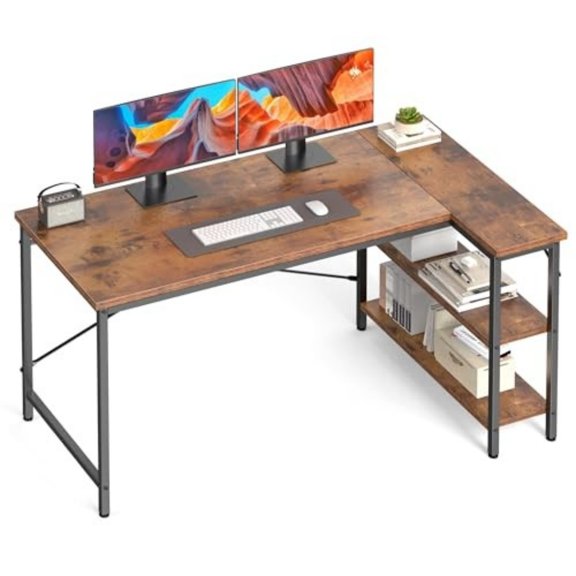 TopComfy 39" L-Shaped Office Desk and Computer Workstation with Reversible Storage Rack Corner Writing Table X-Braced Steel Frame for Home Office, Brown
