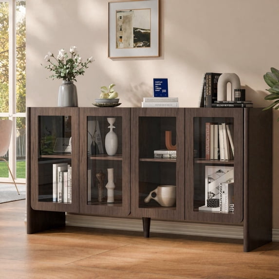 TopComfy 55" Sideboard Buffet Cabinet with 4 Glass Doors, Coffee Bar Storage Cabinet with Adjustable Shelves, Curved Edge MDF Display Cabinet for Kitchen Dining Room, Dark Walnut
