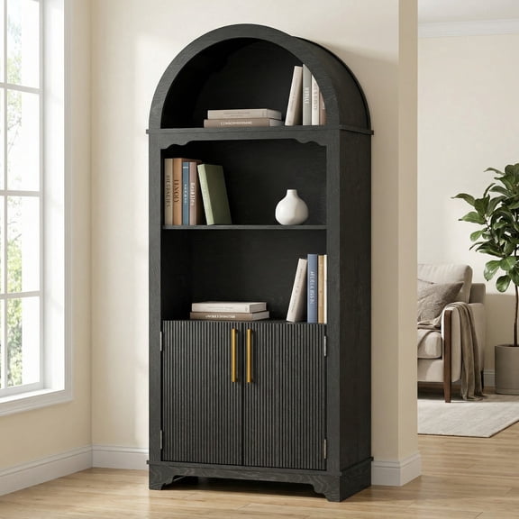 TopComfy 70-Inch Arched Storage Cabinet Multi Tier Bookshelf with Doors Adjustable Shelves Durable Engineered Wood for Living Room Dining Room Kitchen or Home Office, Dark Brown
