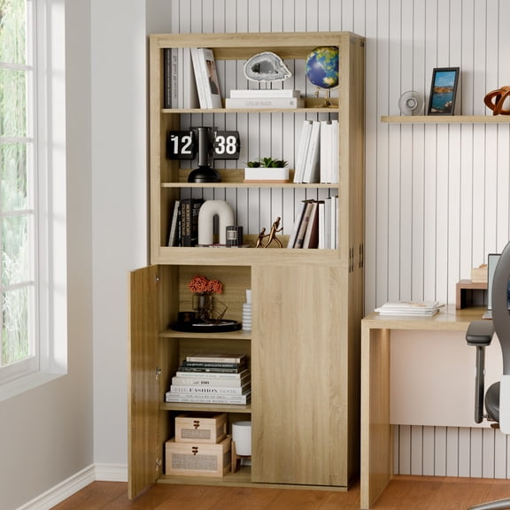 TopComfy 71" Tall Bookshelf with 2 Doors & Open Shelves, Freestanding Wood Library Bookcase Storage Cabinet for Home Office, Living Room & Bedroom, Beige