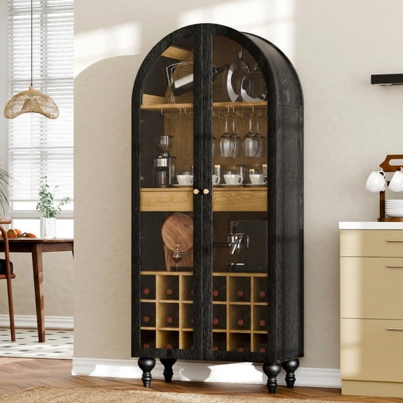 TopComfy 72-Inch Arched Bar Cabinet Wine Storage Organizer with Glass Door Display Shelf and Bottle Rack Durable Engineered Wood for Dining Room Living Room or Home Bar, Black