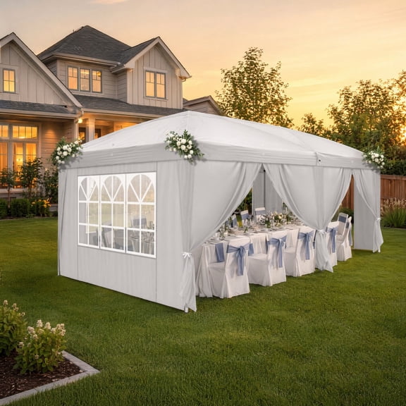 TopComfy 9.8x19.6ft Folding Outdoor Tent Canopy with 6 Sidewalls 4 Windows Adjustable Height Portable Pavilion,Sun Shelter Rain Coverage for Backyard Camping Parking, White