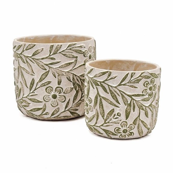 TopComfy Cement Planter Pot Set of 2 Round Decorative Flower Pots Etched Floral Motif Sand Cement Handcrafted Durable Heavy Duty Modern Rustic Minimalist For Home Garden Decor Use, Gray Green