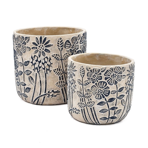 TopComfy Cement Planter Pot Set of 2 Round Decorative Flower Pots Floral Etched Pattern Sand Cement Handcrafted Durable Heavy Duty Modern Rustic Vintage For Home Garden Decor Use, Blue Gray