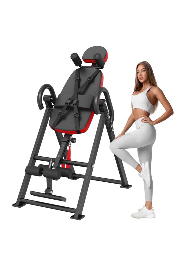 Foldable Inversion Table Hang Exercise Bench for Back Stretching Decompression Strength Training Fitness with Adjustable Height and Safety Straps, Black Red