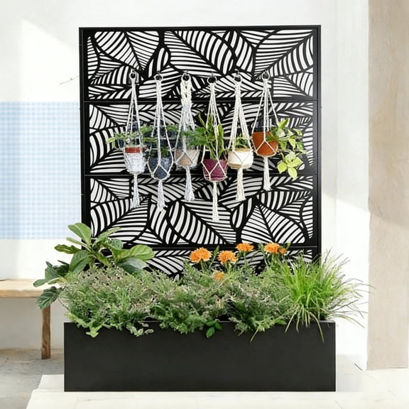 TopComfy Freestanding Metal Privacy Screen with Planter Box Leaf Pattern Decorative Fence Panel Rust Resistant Outdoor Garden Divider Planter for Patio Balcony Backyard Use, Black