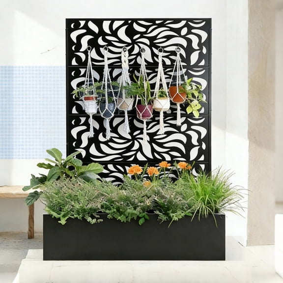 TopComfy Freestanding Metal Privacy Screen with Planter Box Leaf Pattern Decorative Garden Divider Rust Resistant Outdoor Fence Panel Planter for Patio Balcony Backyard Use, Black