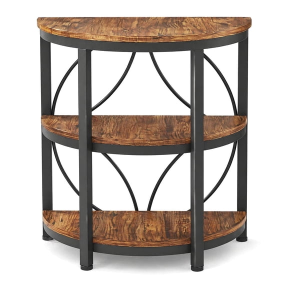 TopComfy Half Moon End Table with 3 Tier Storage Shelves Geometric Design Accent Stand Open Display Organizer Compact Space Saving Furniture for Living Room, Brown