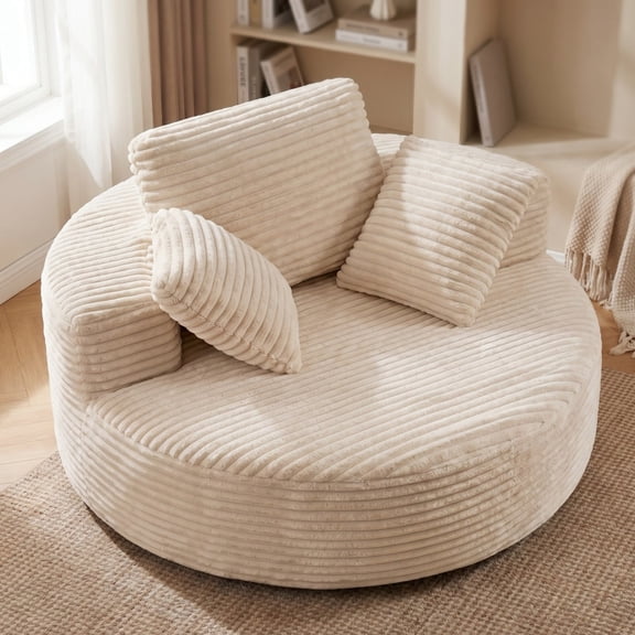 TopComfy Oversized Round Chaise Lounge Chair 55 Inch Indoor Floor Sofa, Corduroy Upholstered Single Cloud Deep Seat Lounge for Living Room, Bedroom, or Apartment, Beige