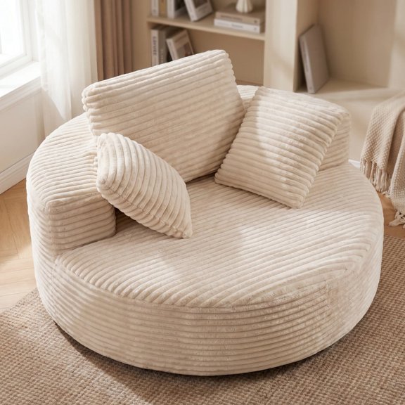 TopComfy Oversized Round Chaise Lounge Chair 55 Inch Indoor Floor Sofa, Corduroy Upholstered Single Cloud Deep Seat Lounge for Living Room, Bedroom, or Apartment, Beige
