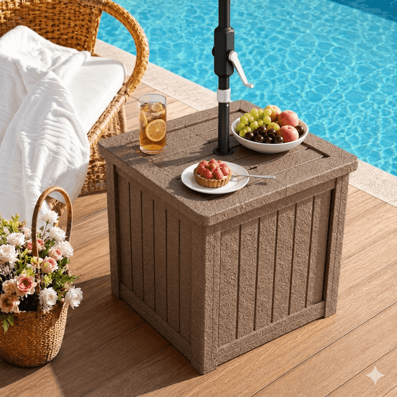 TopComfy Patio Umbrella Table with Hole, 3-in-1 Heavy Duty Outdoor Umbrella Side Table with Fillable Planter Base, Small Square Patio Table with Umbrella Hole for Garden & Deck, Brown