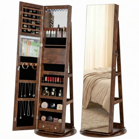 TopComfy Rotating Full Length Mirror Jewelry Cabinet,Freestanding Mirror with Storage Organizer Large Jewelry Armoire for Bedroom Dressing Room, Brown