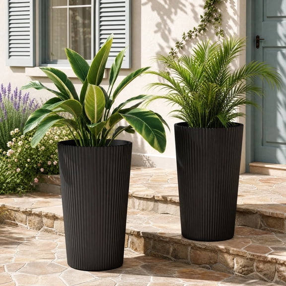 TopComfy 23.6" Tall Outdoor Planters Set of 2, Large Plastic Flower Pots with Drainage Holes, Striped Tapered Planters for Front Porch, Patio, Garden & Indoor Plants, Black