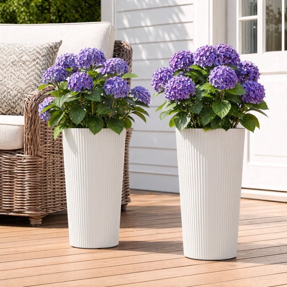 TopComfy 23.6" Tall Outdoor Planters Set of 2, Large Plastic Flower Pots with Drainage Holes, Striped Tapered Planters for Front Porch, Patio, Garden & Indoor Plants, White