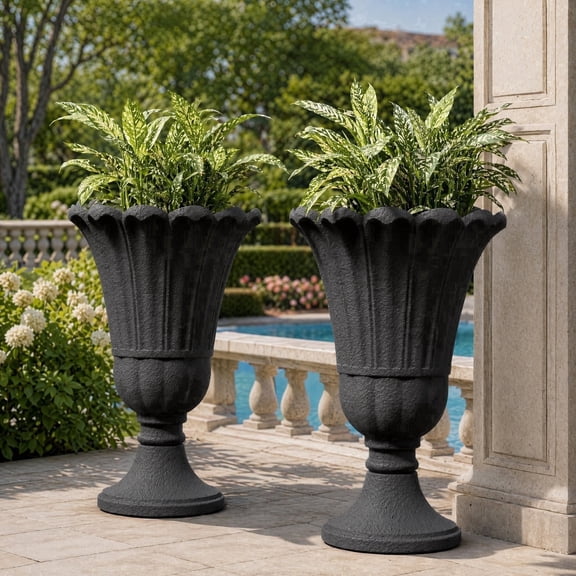 TopComfy 23.6" Tall Plastic Urn Planters Set of 2, Heavy-Duty Outdoor Flower Pots with Drainage Holes, Classic Petal Design for Porch, Garden & Indoor Plants, Black
