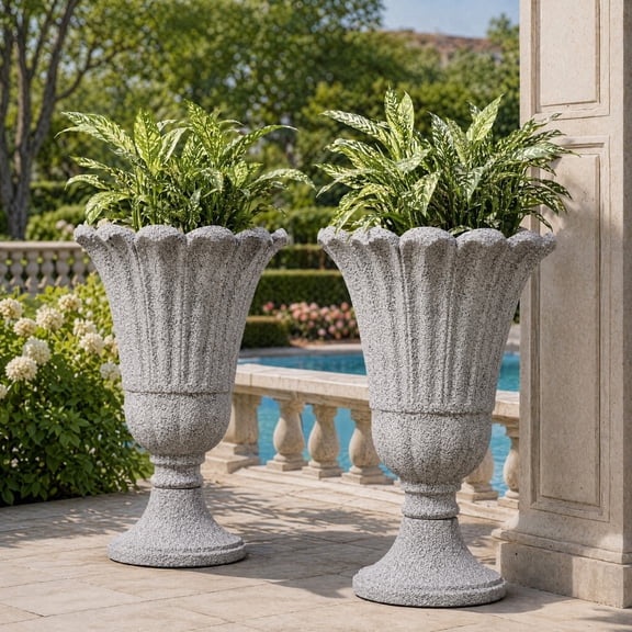 TopComfy 23.6" Tall Plastic Urn Planters Set of 2, Heavy-Duty Outdoor Flower Pots with Drainage Holes, Classic Petal Design for Porch, Garden & Indoor Plants, Gray