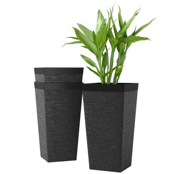 TopComfy Set of 3 Stackable Tapered Planters Modern Stone Look Decorative Outdoor Flower Pots Durable Lightweight Deep Planting Design with Wheels Drainage for Home Garden Use, Black