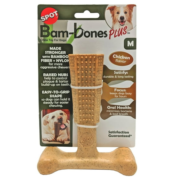 SPOT Bam-Bones Plus Chew Bones for Dogs, T-Shape, Chicken Flavor, Dog Chew Toy for Aggressive Chewers, Adult Dogs & Teething Puppies Under 60lbs, 6"
