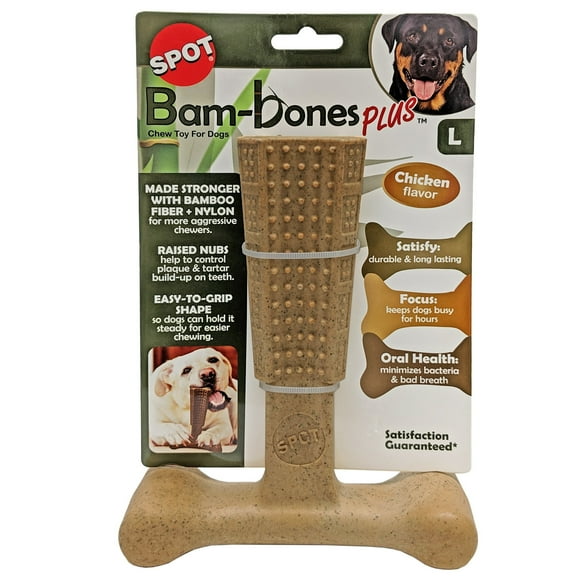 SPOT Bam-Bones Plus T-Bone Dog Chew Toy, 7", For Aggressive Chewers Adult Dogs & Teething Puppies Under 90lbs, Chicken Flavor, Bamboo Fiber & Nylon, Non-Splintering
