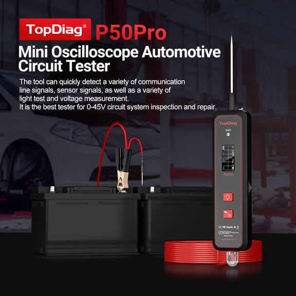 TopDiag p50pro Automotive Circuit Tester Power Circuit Probe Tester 0-45V Mini Oscilloscope Car Electrical System Tester Signal AC DC LED Light Tester Diagnostic Tool with Flashlight 1.5m Cable Black