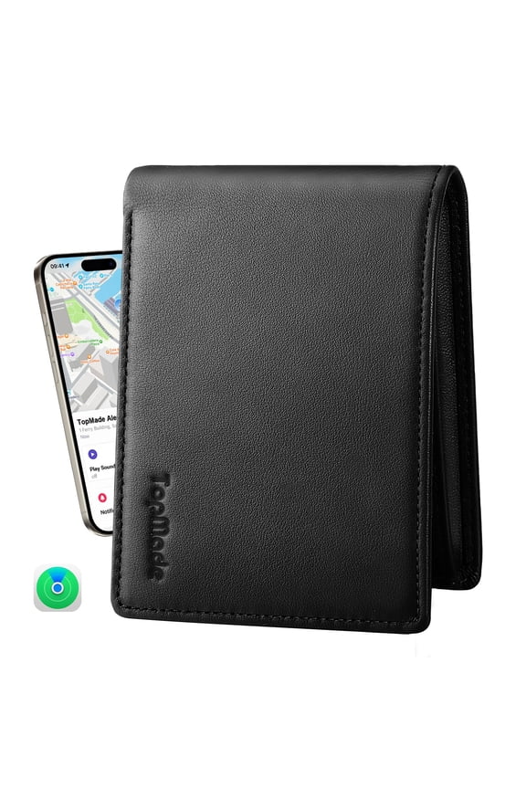 Mens Wallet with Smart Tracker, Genuine Leather Wallet Works with Find My App, 13 Cards High Capacity with ID Window, Cash Slot, Coin Pocket, RFID Blocking, GPS Wallet Tracker, Black Y101