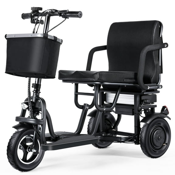 TopMate 3 Wheel Electric Scooter Lightweight Folding Powered Mobility Scooter for Adult Seniors with Seat and Removable Battery, 350W Motor & 3+1 Speed Adjustable E-Trike with Basket & LED display