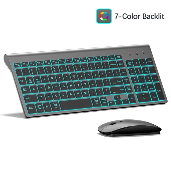 TopMate Wireless Backlit Keyboard and Mouse Ultra Slim Combo, 2.4G Silent Compact 2400DPI Mouse and Scissor Switch Keyboard Light up Set, for PC/Laptop/Windows/Mac/Gaming - Gray Black