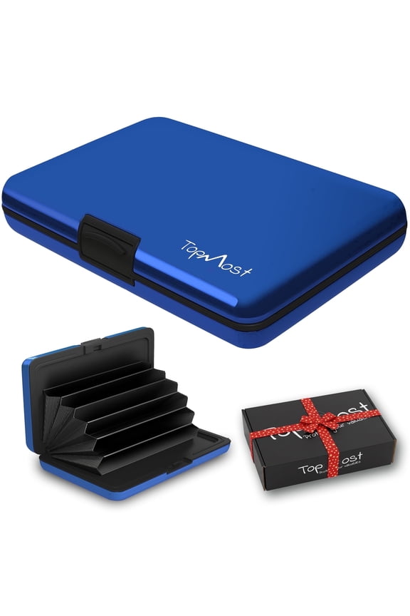 Aluminum Credit Card Case, 10-12 Credit Cards, 6 Cotton-Slots, Unisex, Blue