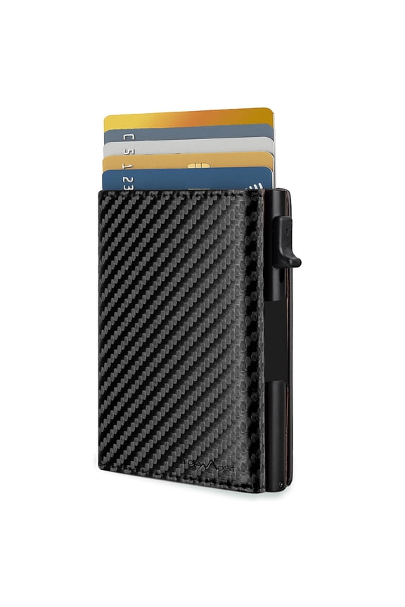 Carbon-Look Leather Pop Up Wallet for Men, Credit Card Holder, RFID Blocking Ridge Wallets for Men with ID Window, Slim, Minimalist, 5-9 Card Capacity & Cash Slot (Carbon) Y101