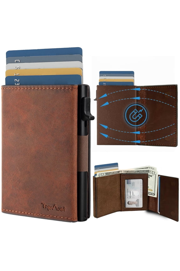 Genuine Leather Pop Up Wallet for Men, Credit Card Holder, RFID Blocking Ridge Wallets for Men with ID Window, Slim, Minimalist, 5-9 Card Capacity & Cash Bills, Brown Camel Y101