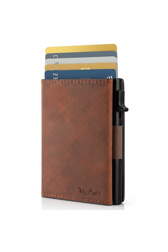 Genuine Leather Pop Up Wallet for Men, Credit Card Holder, RFID Blocking Ridge Wallets for Men with ID Window, Slim, Minimalist, 5-9 Card Capacity & Cash Slot, Brown Y101