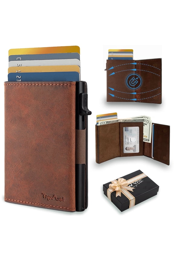 Genuine Leather Pop Up Wallet for Men, Credit Card Holder, RFID Blocking Ridge Wallets for Men with ID Window, Slim, Minimalist, 5-9 Card Capacity & Cash Slot