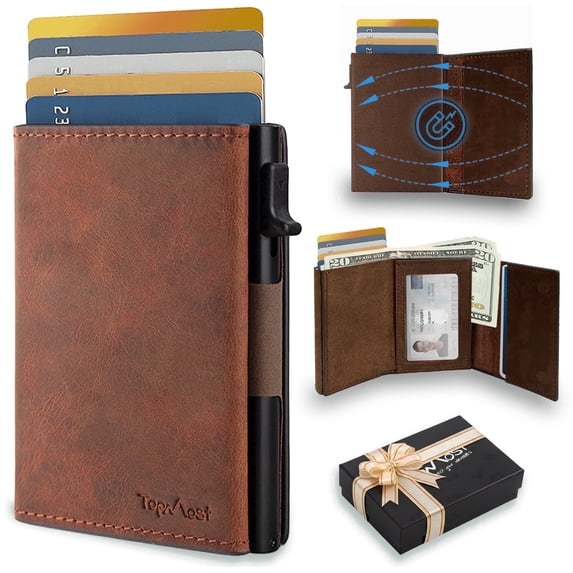 TopMost Genuine Leather Pop-Up Wallet for Men, Credit Card Holder, RFID Blocking Wallet with ID Window, Slim Minimalist, 5-9 Card Capacity & Cash Slot