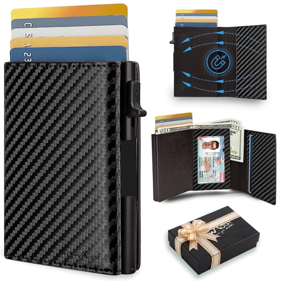TopMost Modern Carbon-Look Pop-Up Wallet for Men, PU Leather Credit Card Holder, RFID Blocking Wallet with ID Window, Slim Minimalist, 5-9 Card Slots