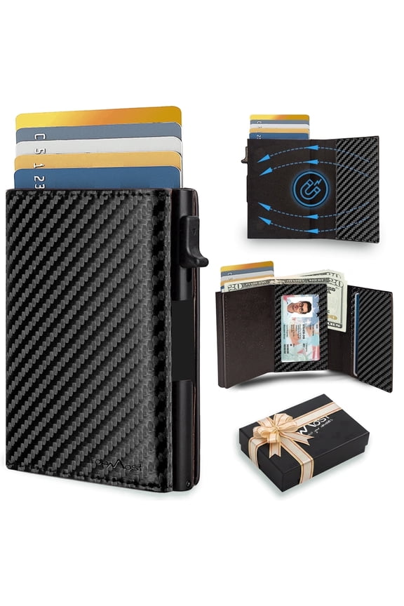 Modern Carbon-Look Pop-Up Wallet for Men, PU Leather Credit Card Holder, RFID Blocking Wallet with ID Window, Slim Minimalist, 5-9 Card Slots