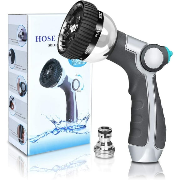 TopSource Garden Hose Nozzle with 8 Patterns, Metal, Anti-Leak, Heavy Duty Spray Nozzle High Pressure, Thumb Control Nozzle