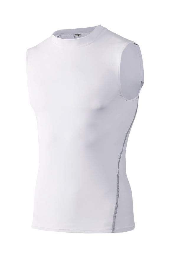 Mens Compression Sleeveless Base Layer, Athletic Workout T-Shirt-White-XL