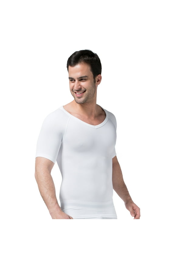 Seamless Compression V-neck Short Sleeve T-Shirt, Men's Shapewear Undershirt-White-M