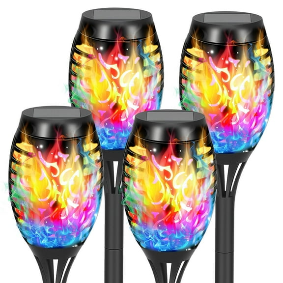 TopZoo Outdoor Solar Torch Lights, Flickering Flame Garden Stake Lights Solar Powered, Multi Colored Outdoor Decor, Waterproof Outside Yard Decor, Halloween Christmas Decor, 4 Packs