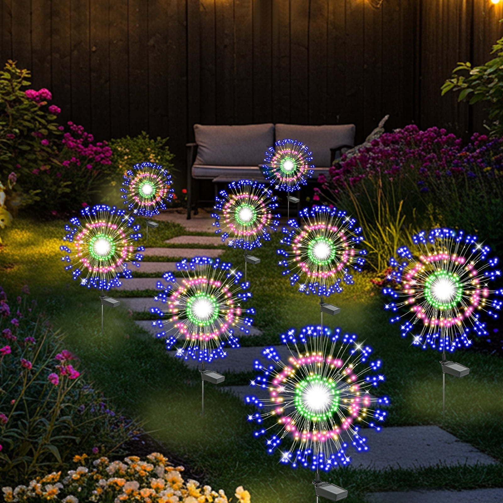 TopZoo Solar Garden Lights Outdoor, Firework Stake Lights Garden Decorative, Upgraded 180 LED Multicolor Sparklers Waterproof for Yard, Patio, Party, Christmas, Halloween, 8 Packs