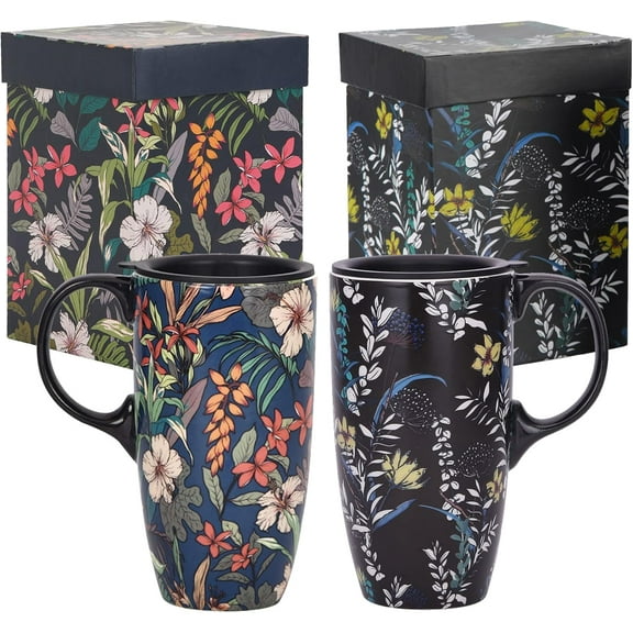 Topadorn 2-piece Ceramic Travel Cup with Lid and Handle 17 oz Large Ceramic Latte Teacup with Color Box Coffee Cup Flower