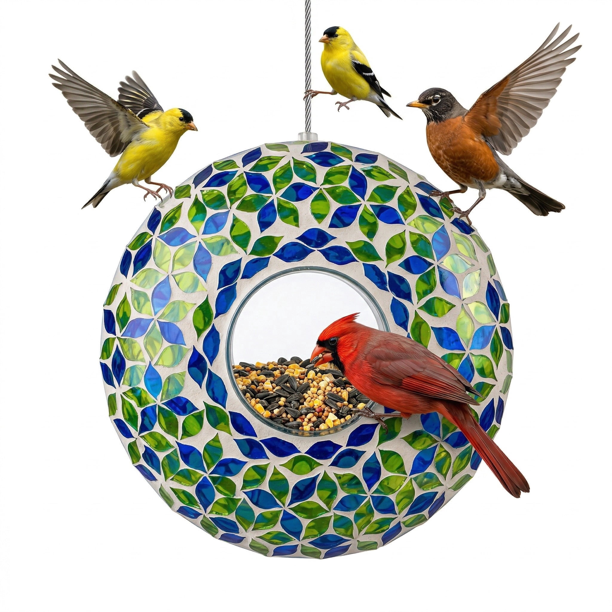 Topadorn Mosaic Glass Hanging Bird Feeder, 9 Inch Fly-Through Design for Cardinals, Finches & Wild Birds, Blue Green Leaf Pattern, Garden Yard Decoration
