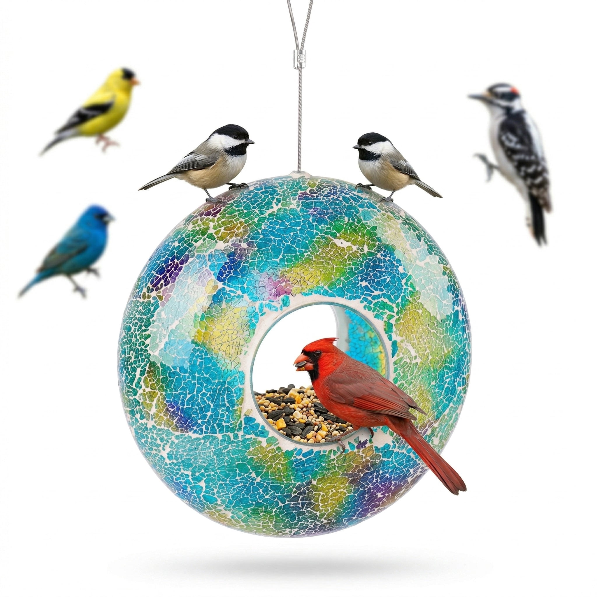 Topadorn Mosaic Glass Hanging Bird Feeder, 9 Inch, Fly-Through Design for Cardinals, Finches & Wild Birds, Blue and Green, Garden Yard Decoration