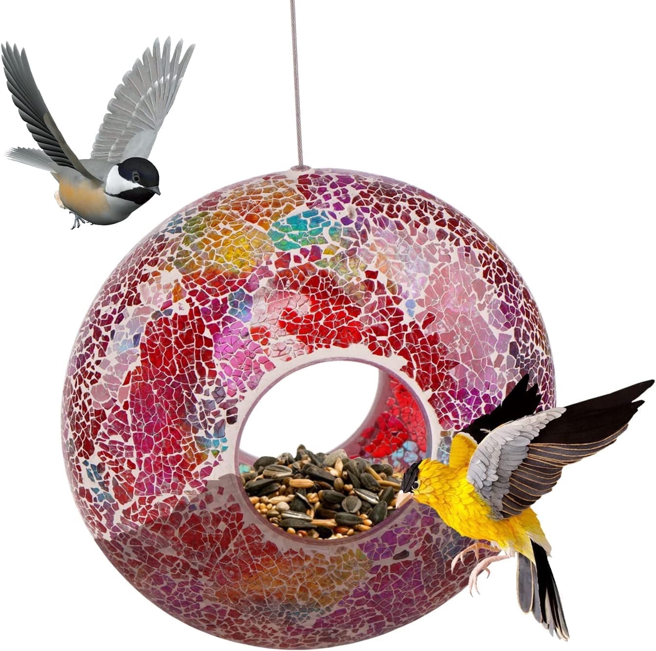 Topadorn Bird Feeders for Outdoors Hanging Bird Feeder, Wild Bird Seed for Outside Feeders and Garden Decoration Yard for Bird Watchers, Red Glass Mosaic, 9" H
