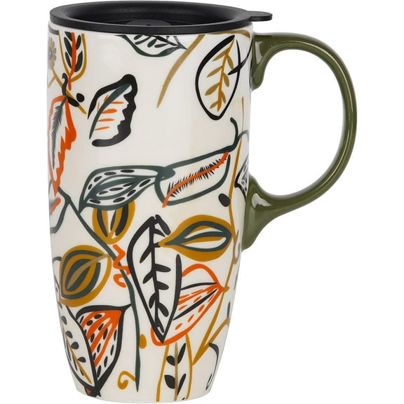 Topadorn Ceramic Coffee Cup Travel Cup with Lid Latte Mug 17 oz Leaf