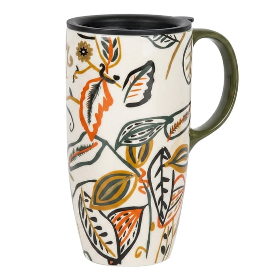 Topadorn Abstract Leaf Ceramic Travel Mug, 17oz, Boho Hand-Drawn Botanical Print, Spill-Resistant Lid, Microwave/Dishwasher/Oven Safe, Gift Boxed
