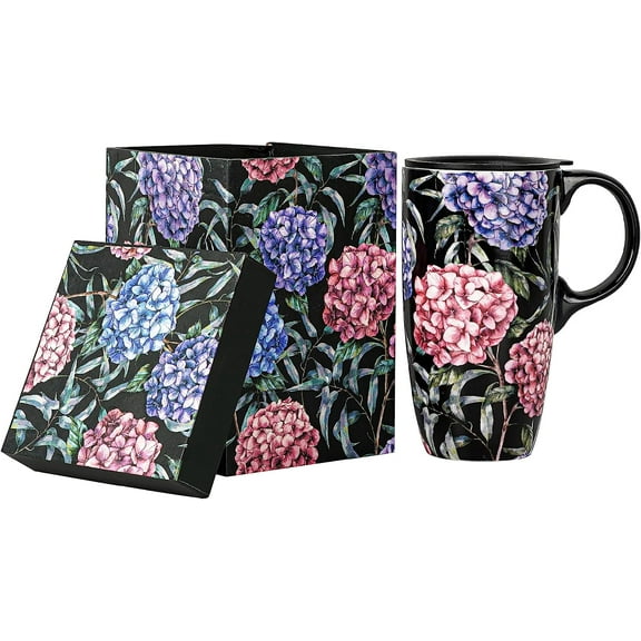 Topadorn Ceramic Coffee Mug Tall Ceramic Cup with Lid and Color Box 17 oz.,Pink and Purple Flowers
