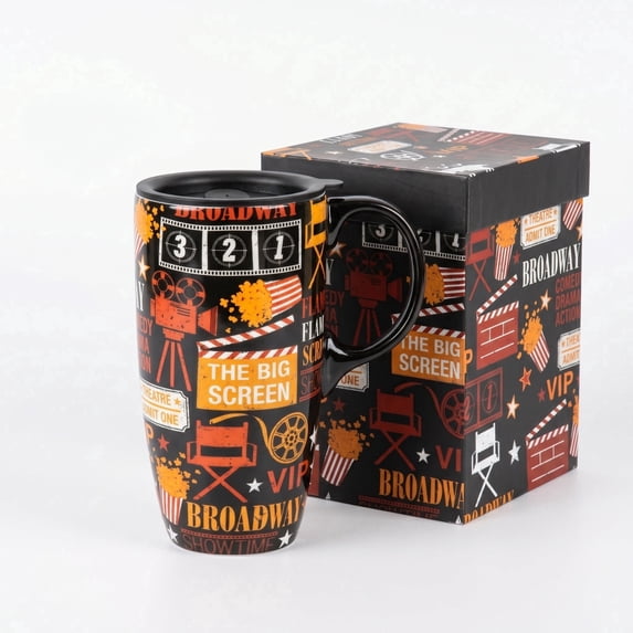 Topadorn Movie Night Ceramic Travel Mug, 17oz, Retro Cinema Themed Print, Spill-Resistant Lid, Microwave/Dishwasher/Oven Safe, Gift Boxed